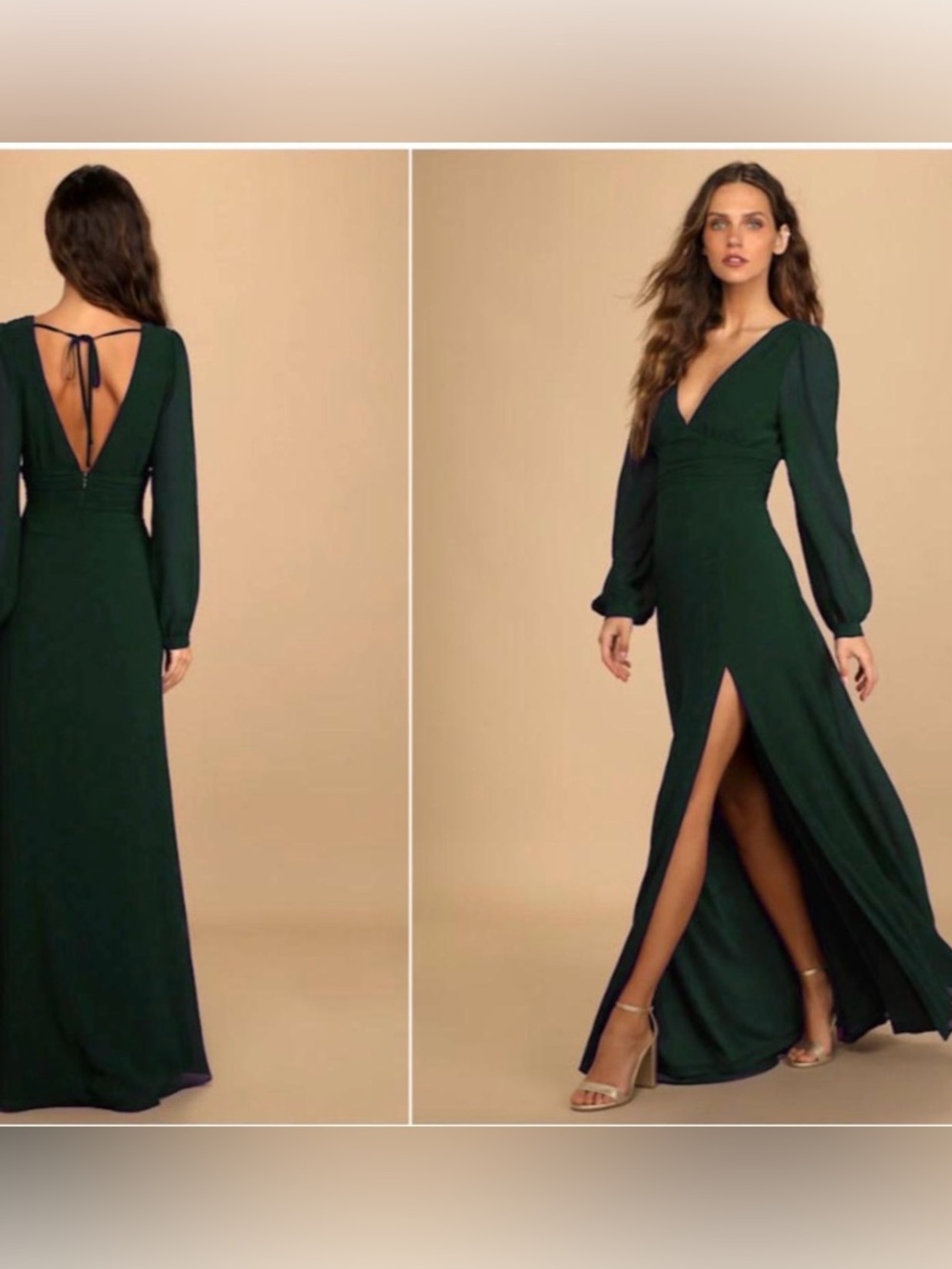 Lulu's Forest Green Long Sleeve V-Neck Maxi Dress with Front Slit